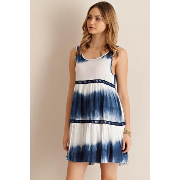 NWT Boutique Tie-Dye Blue & White Viole & Lace Sleeveless Mini Slip Dress - Picture 2 of 5
